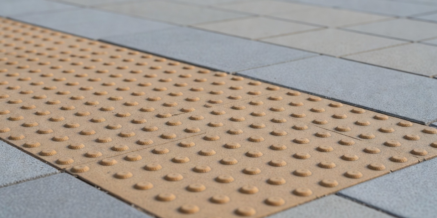 Close-up of buff-coloured blister tactile paving meeting smooth grey slabs at a dropped kerb, with shallow depth of field