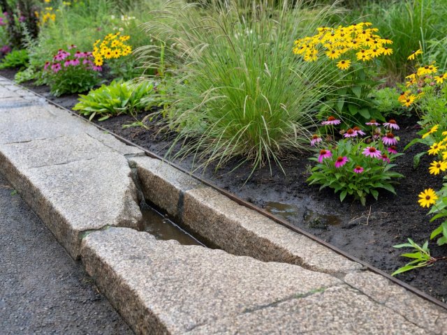 Close-up of a stone kerb edge with a cut inlet leading into a planted rain garden