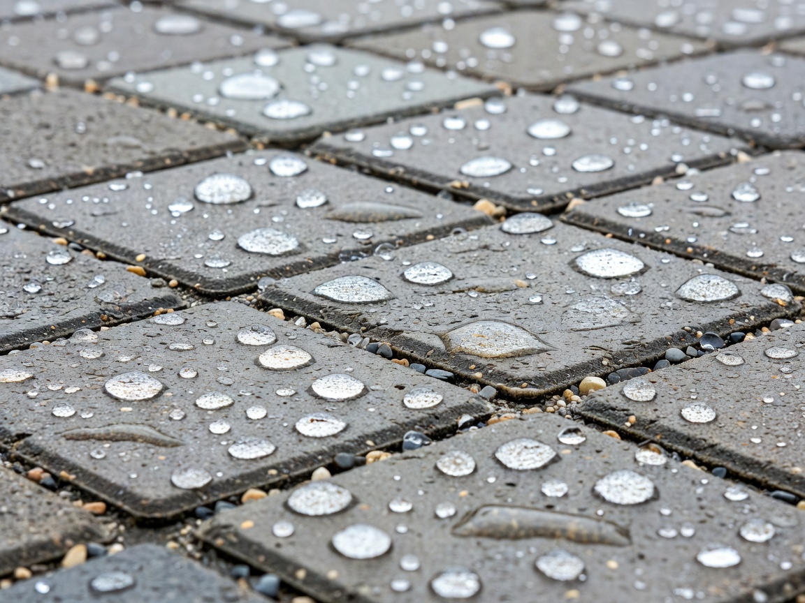 Close-up of grey permeable paving blocks with gravel-filled joints, rainwater beading on the surface and a shallow depth of field