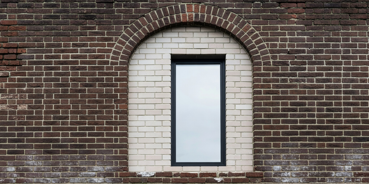 Close-up of a weathered brick wall with an arched opening infilled in newer, paler brick and a modern window set inside