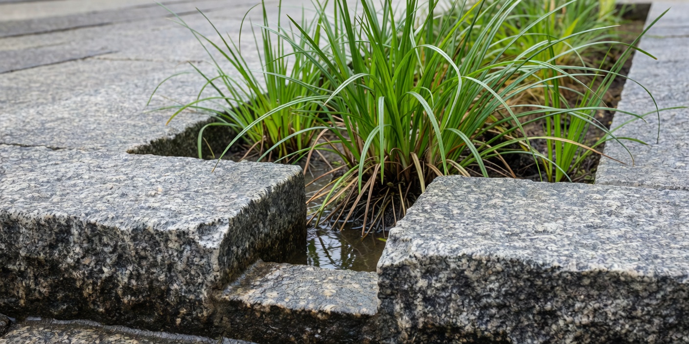 Close-up of a granite kerb with a narrow inlet cut, leading to a sunken rain garden planted with sedges