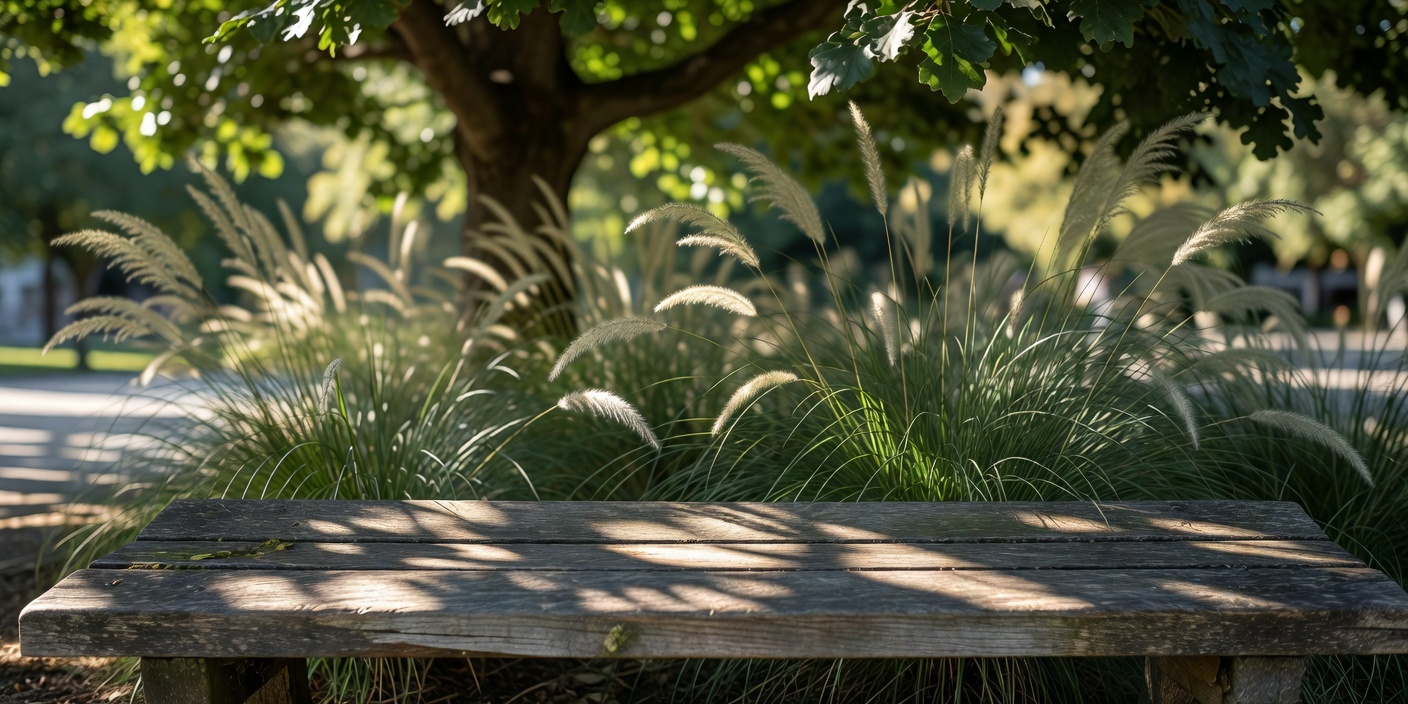 Shallow-focus close-up of a timber bench in dappled tree shade with a strip of ornamental grasses behind it